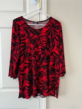 Jostar Red Black Floral Tunic Top XL Made in USA Bell Sleeve Y2K